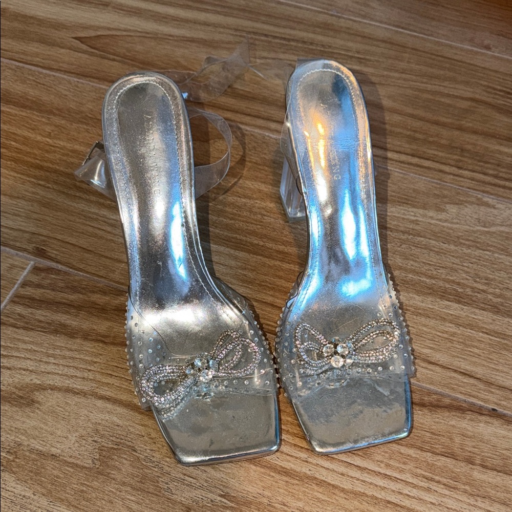 Elegant Silver Women's Heels with Beaded Bow